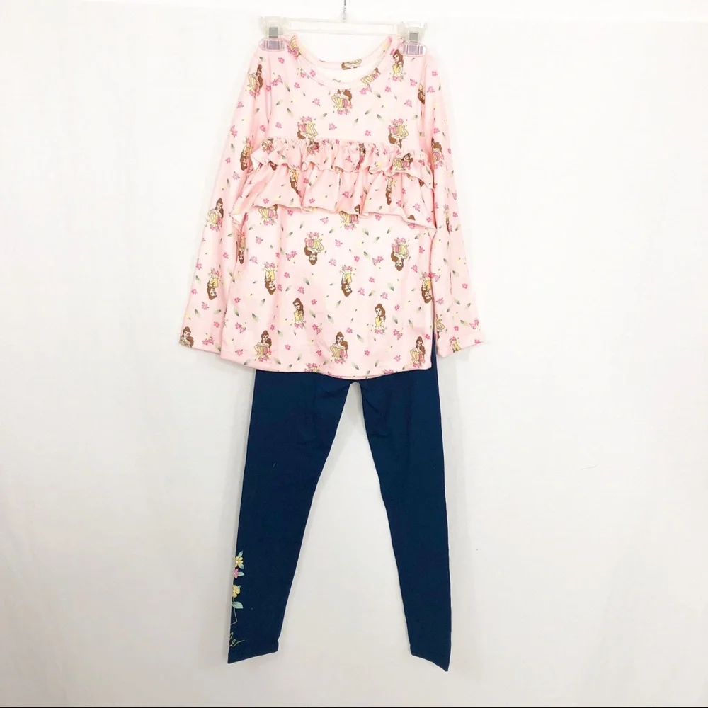 NEW Disney Belle Girls 2 Piece Ruffle Top and Leggings Set, Size 4, Pink Blue